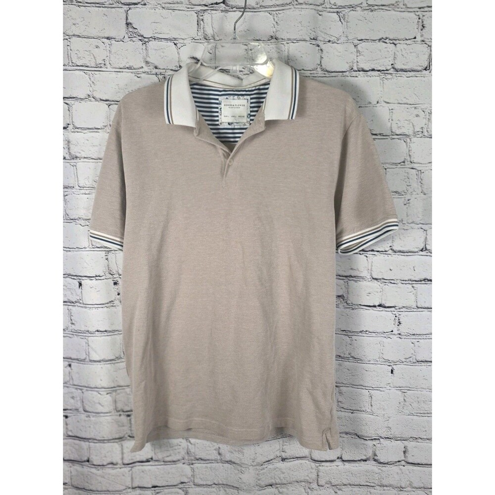 Denim & Flower Ricky Singh Men's Large Beige Striped SS Polo Shirt